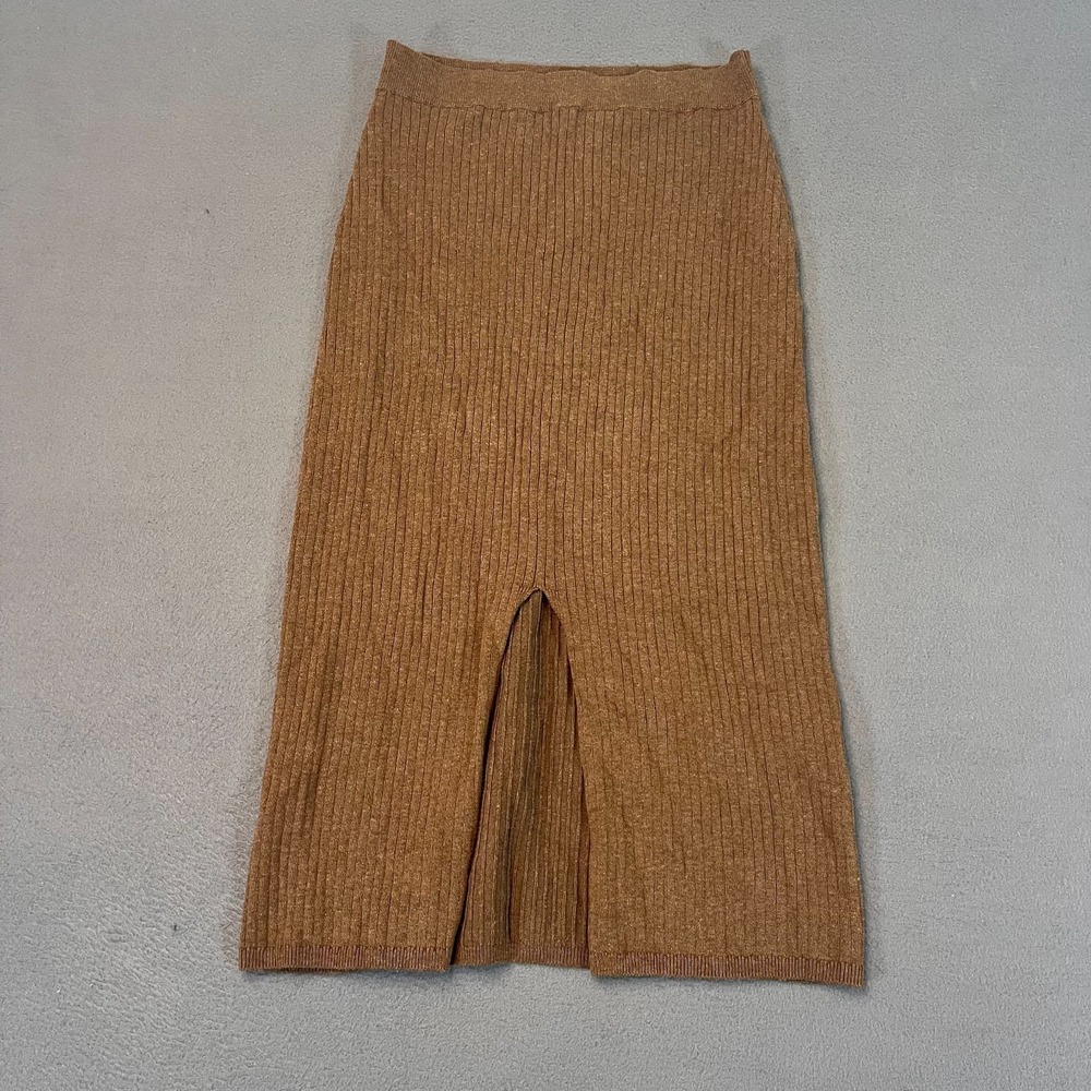 Free People Skyline Midi Skirt Lg Ribbed Knit Slit Front Pull-On Chocolate Brown